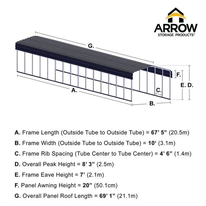Arrow Carport, 10 Ft. X 69 Ft. X 7 Ft. Charcoal 2 Arrow Carport, 10 Ft. X 69 Ft. X 7 Ft. Charcoal - Image 2