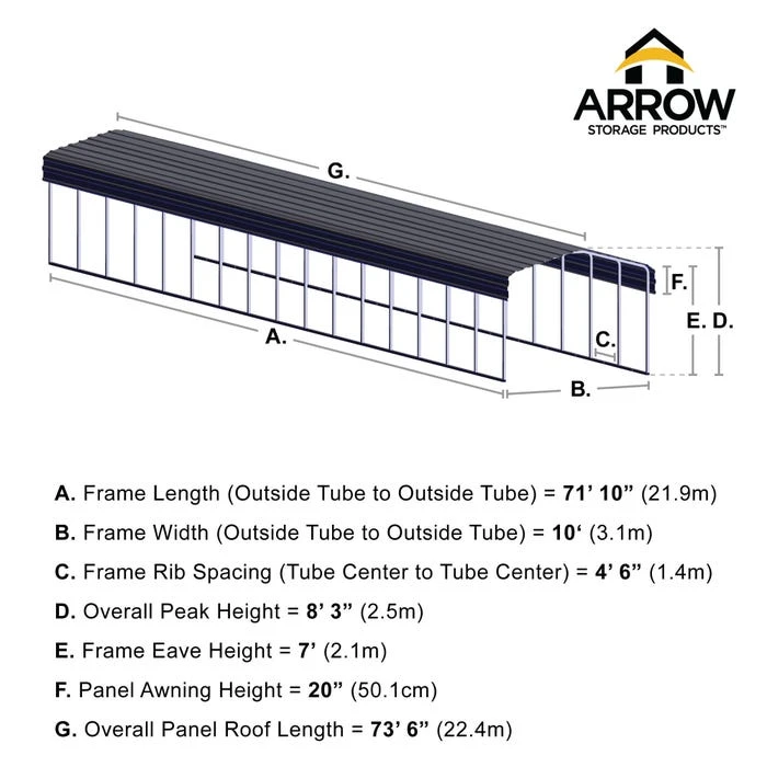 Arrow Carport, 10 Ft. X 74 Ft. X 7 Ft. Charcoal 2 Arrow Carport, 10 Ft. X 74 Ft. X 7 Ft. Charcoal - Image 2
