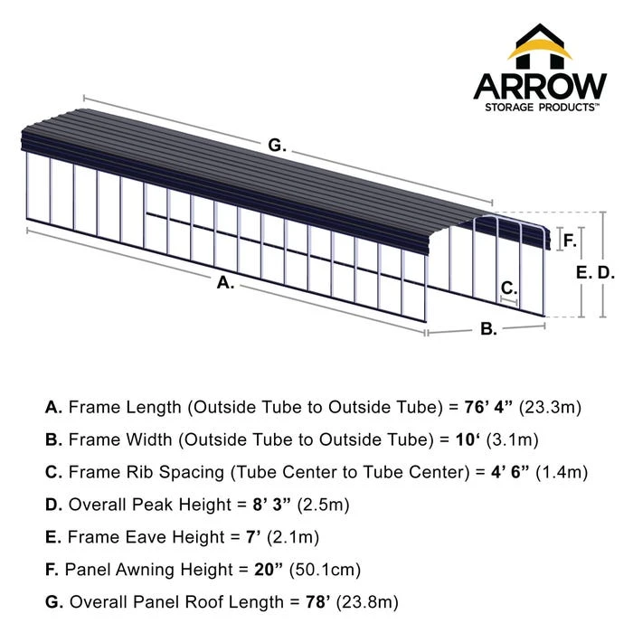 Arrow Carport, 10 Ft. X 78 Ft. X 7 Ft. Charcoal 2 Arrow Carport, 10 Ft. X 78 Ft. X 7 Ft. Charcoal - Image 2