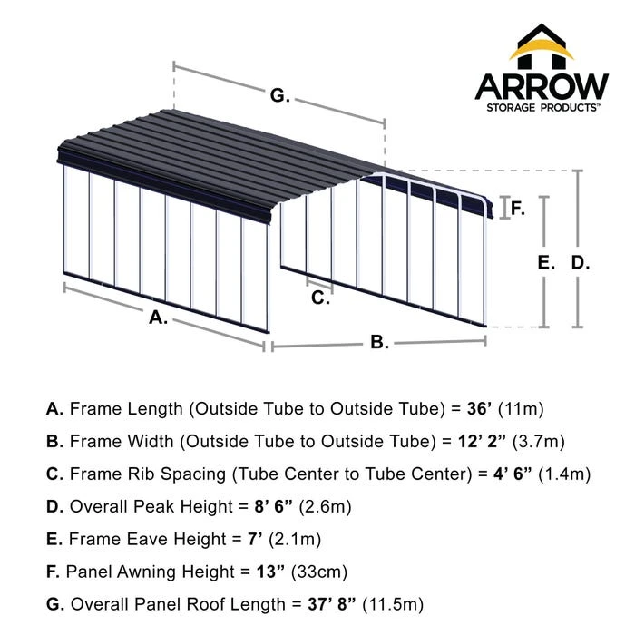 Arrow Carport, 12 Ft. X 38 Ft. X 7 Ft. Charcoal 3 Arrow Carport, 12 Ft. X 38 Ft. X 7 Ft. Charcoal - Image 3