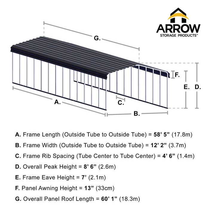 Arrow Carport, 12 Ft. X 60 Ft. X 7 Ft. Charcoal 3 Arrow Carport, 12 Ft. X 60 Ft. X 7 Ft. Charcoal - Image 3