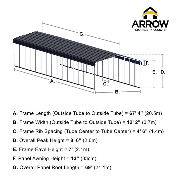 Arrow Carport, 12 Ft. X 69 Ft. X 7 Ft. Charcoal 3 Arrow Carport, 12 Ft. X 69 Ft. X 7 Ft. Charcoal - Image 3