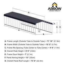 Arrow Carport, 12 Ft. X 74 Ft. X 7 Ft. Charcoal -ShelterLogic || Arrow Shop 12x74 arrowcarport infographic pp 2000x2000 1119