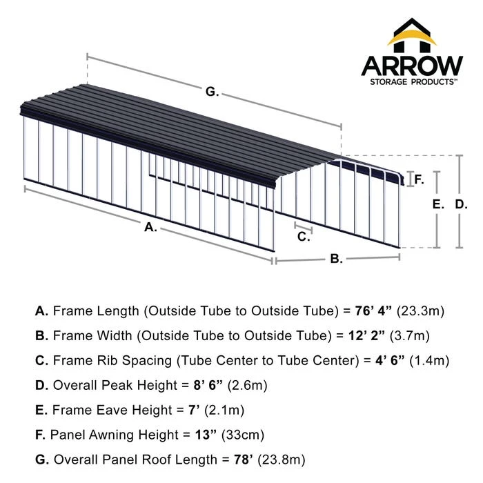 Arrow Carport, 12 Ft. X 78 Ft. X 7 Ft. Charcoal 3 Arrow Carport, 12 Ft. X 78 Ft. X 7 Ft. Charcoal - Image 3