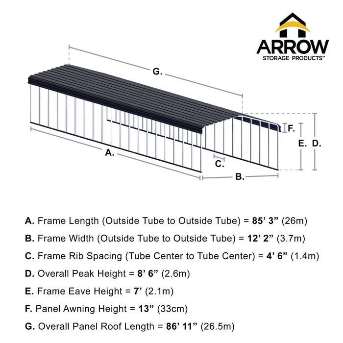 Arrow Carport, 12 Ft. X 87 Ft. X 7 Ft. Charcoal 3 Arrow Carport, 12 Ft. X 87 Ft. X 7 Ft. Charcoal - Image 3