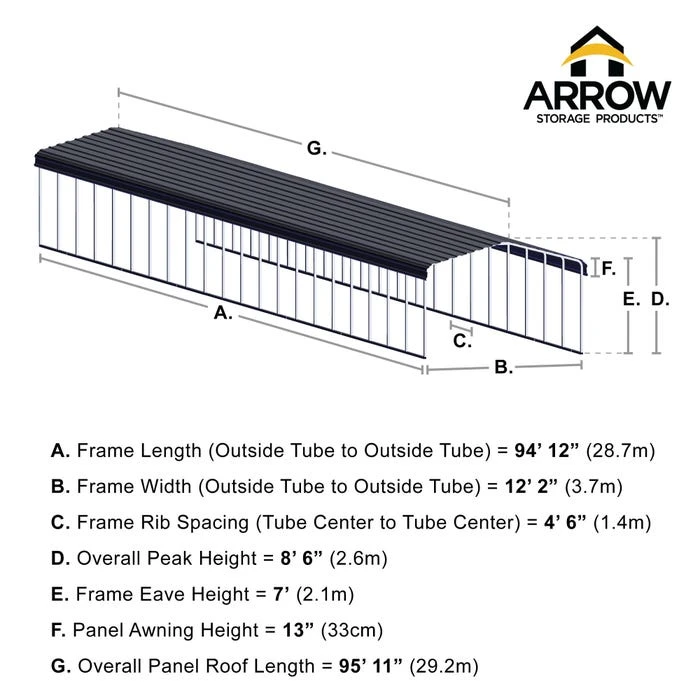 Arrow Carport, 12 Ft. X 96 Ft. X 7 Ft. Charcoal 3 Arrow Carport, 12 Ft. X 96 Ft. X 7 Ft. Charcoal - Image 3