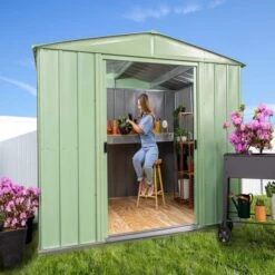Arrow Classic Steel Storage Shed, 10 Ft. X 8 Ft., Flute Grey -ShelterLogic || Arrow Shop 1 photoshoot arrowsheds 0822 5