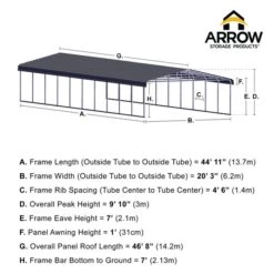 Arrow Carport, 20 Ft. X 47 Ft. X 7 Ft. Charcoal -ShelterLogic || Arrow Shop 20x47 arrowcarport infographic pp 2000x2000 1119