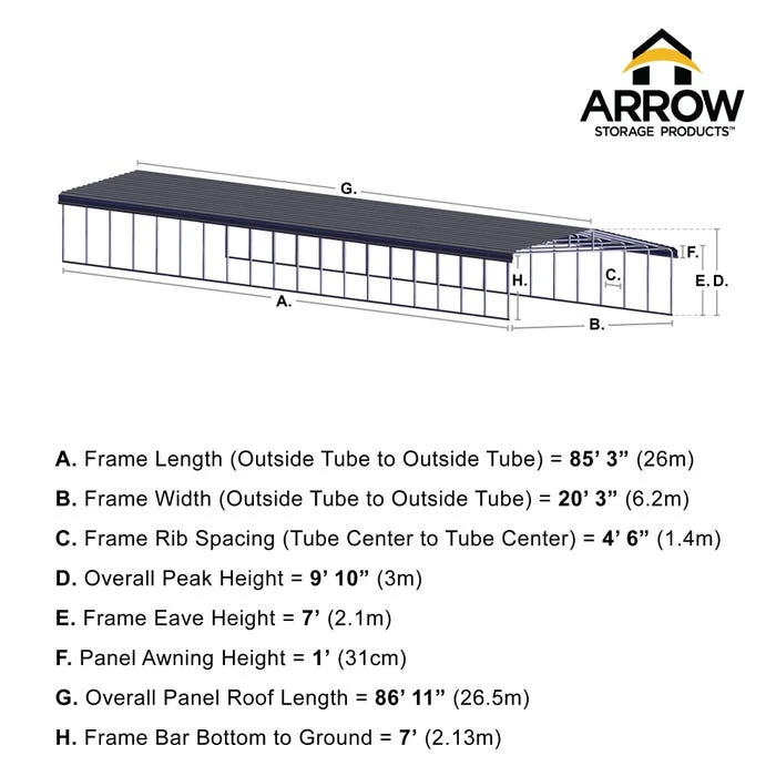 Arrow Carport, 20 Ft. X 87 Ft. X 7 Ft. Charcoal 2 Arrow Carport, 20 Ft. X 87 Ft. X 7 Ft. Charcoal - Image 2