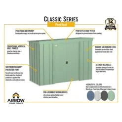 Arrow Classic Steel Storage Shed, 8 Ft. X 4 Ft., Sage Green -ShelterLogic || Arrow Shop arrowclassic pent infographic 1