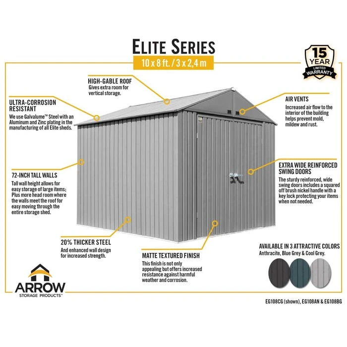 Arrow Elite Steel Storage Shed, 10x8, Cool Grey 6 Arrow Elite Steel Storage Shed, 10x8, Cool Grey - Image 6