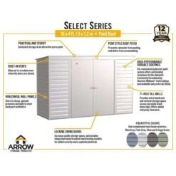 Arrow Select Steel Storage Shed, 10x4, Blue Grey -ShelterLogic || Arrow Shop arrowselect 10x4 pent infographic