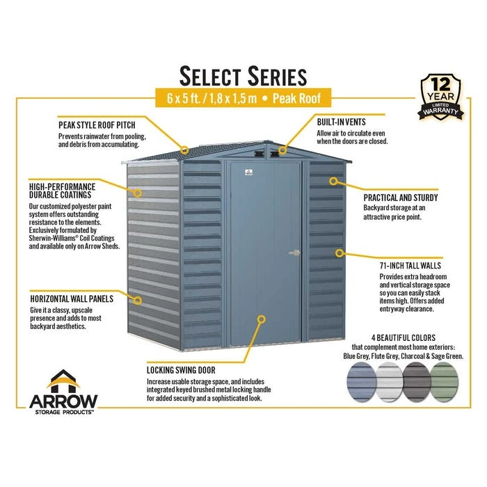Arrow Select Steel Storage Shed, 6x5, Flute Grey 4 Arrow Select Steel Storage Shed, 6x5, Flute Grey - Image 4