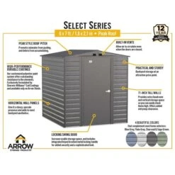 Arrow Select Steel Storage Shed, 6x7, Flute Grey -ShelterLogic || Arrow Shop arrowselect 6x7 peak infographic 2
