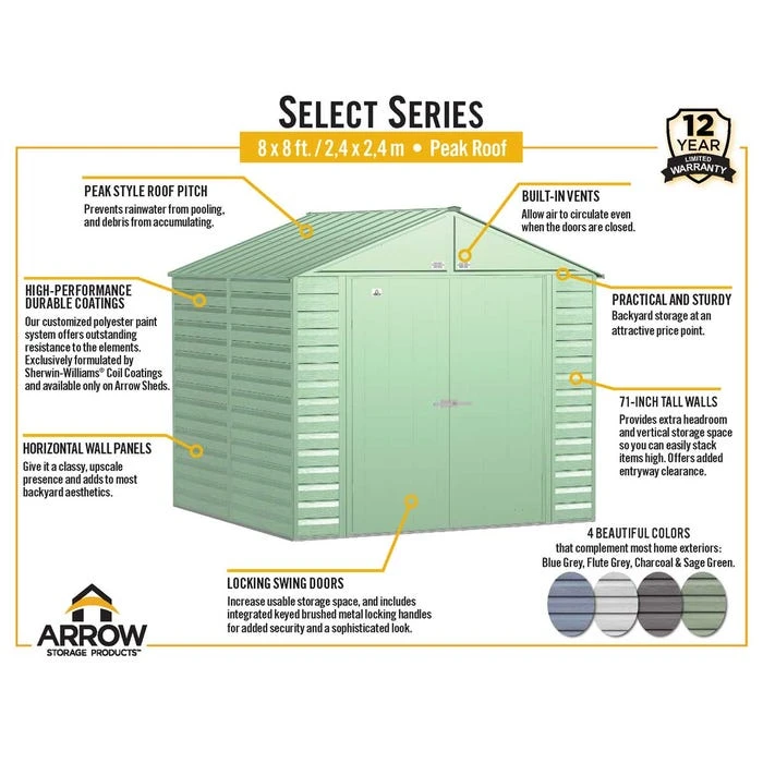 Arrow Select Steel Storage Shed, 8x8, Flute Grey 3 Arrow Select Steel Storage Shed, 8x8, Flute Grey - Image 3