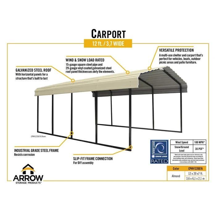 Arrow Carport, 12 Ft. X 20 Ft. X 7 Ft. Vinyl Almond 3 Arrow Carport, 12 Ft. X 20 Ft. X 7 Ft. Vinyl Almond - Image 3