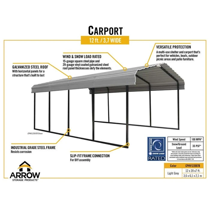 Arrow Vinyl Carport, 12 Ft. X 20 Ft. X 7 Ft. Light Grey 3 Arrow Vinyl Carport, 12 Ft. X 20 Ft. X 7 Ft. Light Grey - Image 3