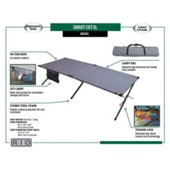 RIO Gear Smart XL Camping Cot, 7 Ft., Black 11 RIO Gear Smart XL Camping Cot, 7 Ft., Black -ShelterLogic || Arrow Shop grc363 infographic 1